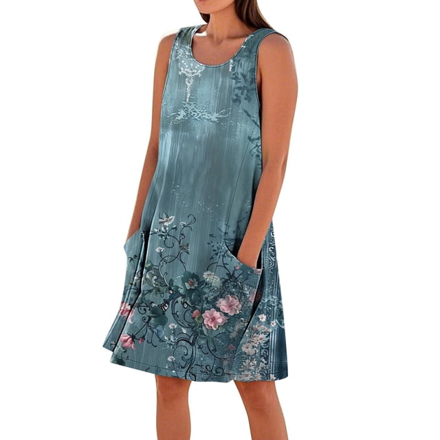UPPADA Robes Grande Taille pour Femmes aux Formes Imprimé Floral Sans Manches Robes Midi d'Été Col Ras du Cou Robe Débardeur en Coton et Lin Ample Plage Vacances Robes d'Été avec Poches Multicolore,TG