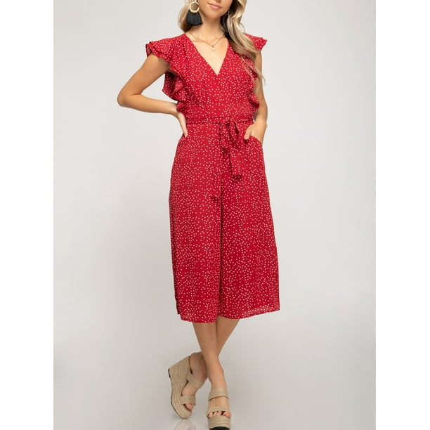 She Sky She Sky Flounce Sleeve Polka Dot Culotte Jumpsuit Red Small Walmart Com Walmart Com