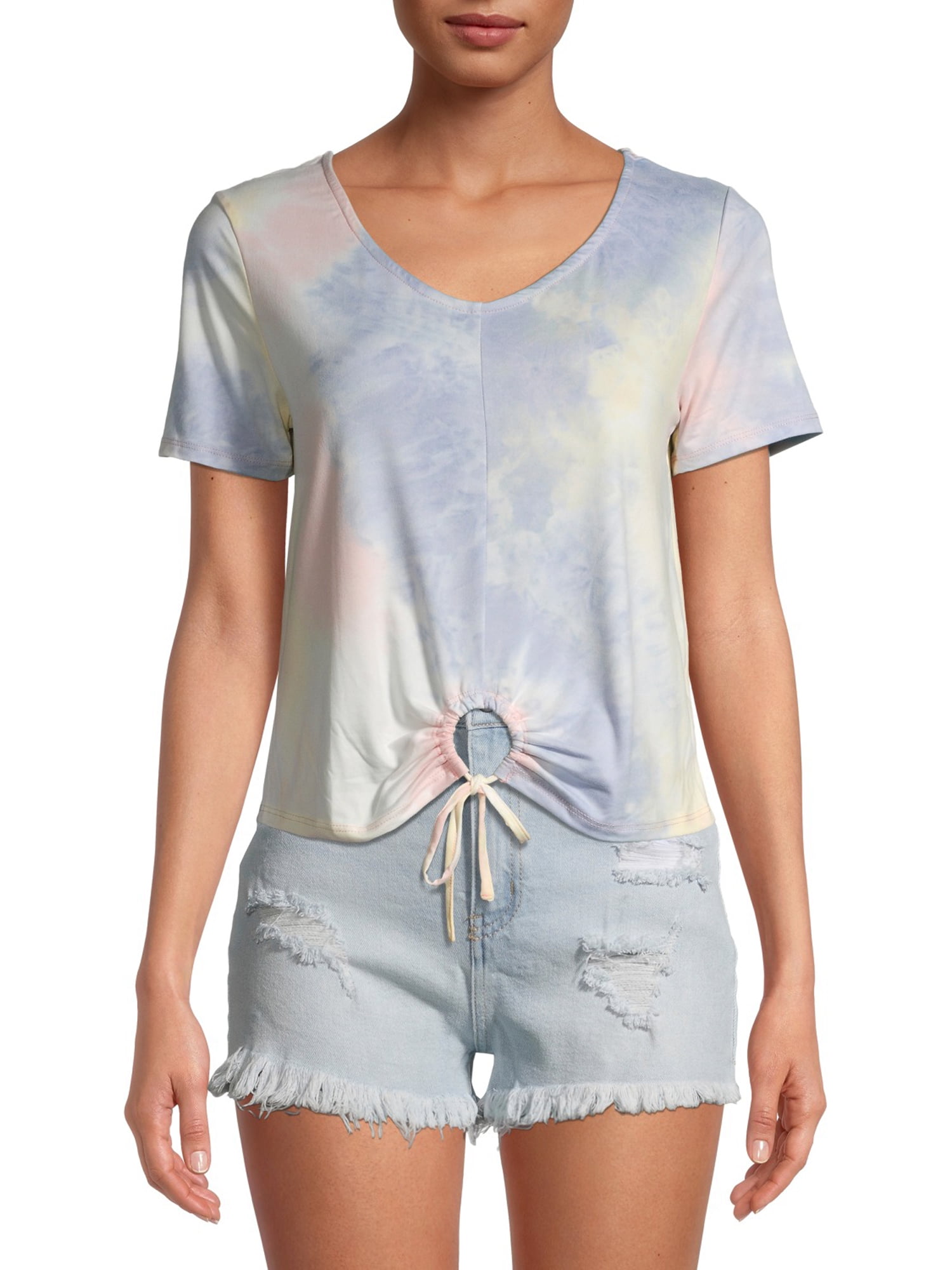 WallFlower Women's Juniors Tie Front Hardware Tie Dye TShirt
