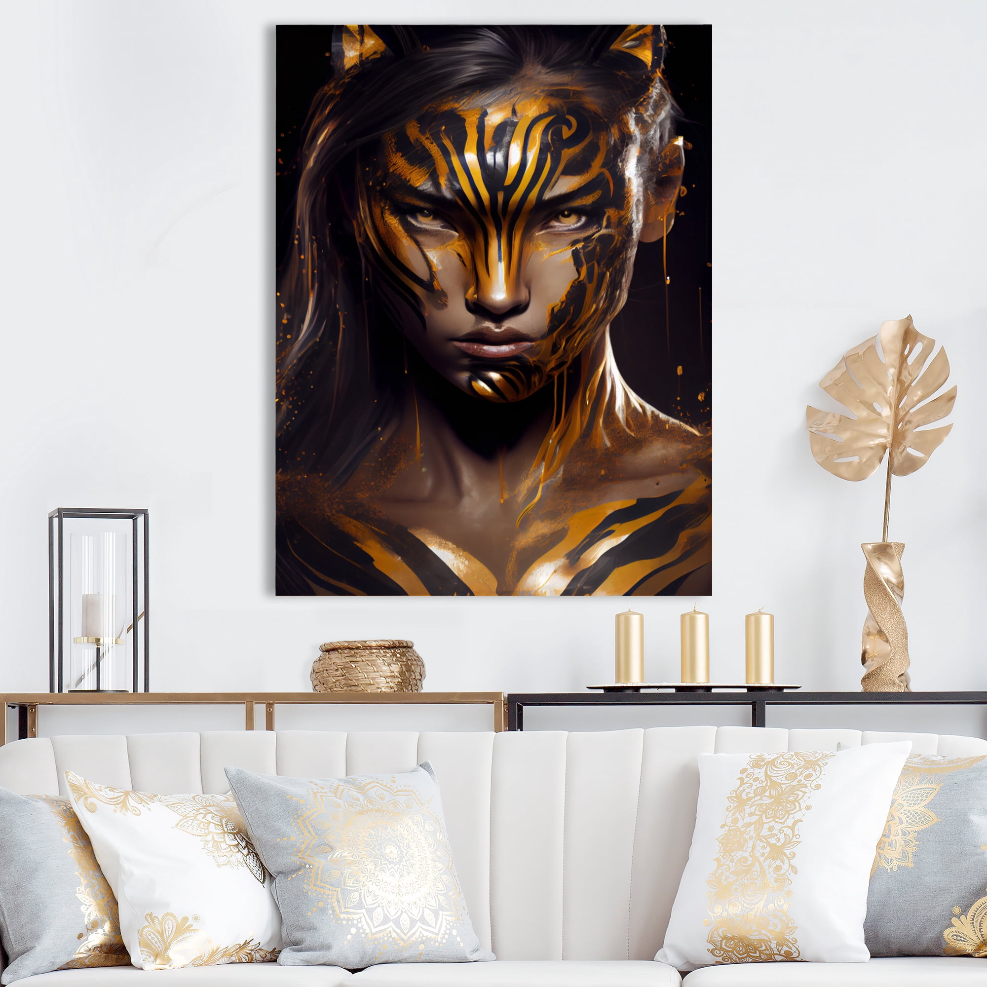 Designart Black And Gold Tiger Woman IV Canvas Wall Art