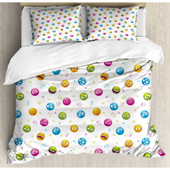 Emoji King Size Duvet Cover Set, Round Faces in Different Colors with Various Expressions Crying In Love Bored Cool, Decorative 3 Piece Bedding Set with 2 Pillow Shams, Multicolor, by Ambesonne
