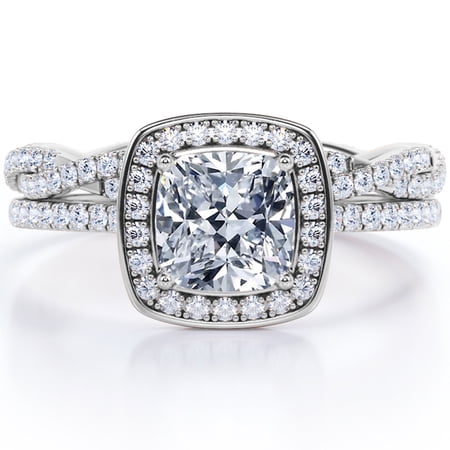 JeenMata Pave-Channel Halo 1.5 Carat Cushion Cut Moissanite Pave Twisted Infinity Bridal Set In 18K White Gold Plating Over Silver