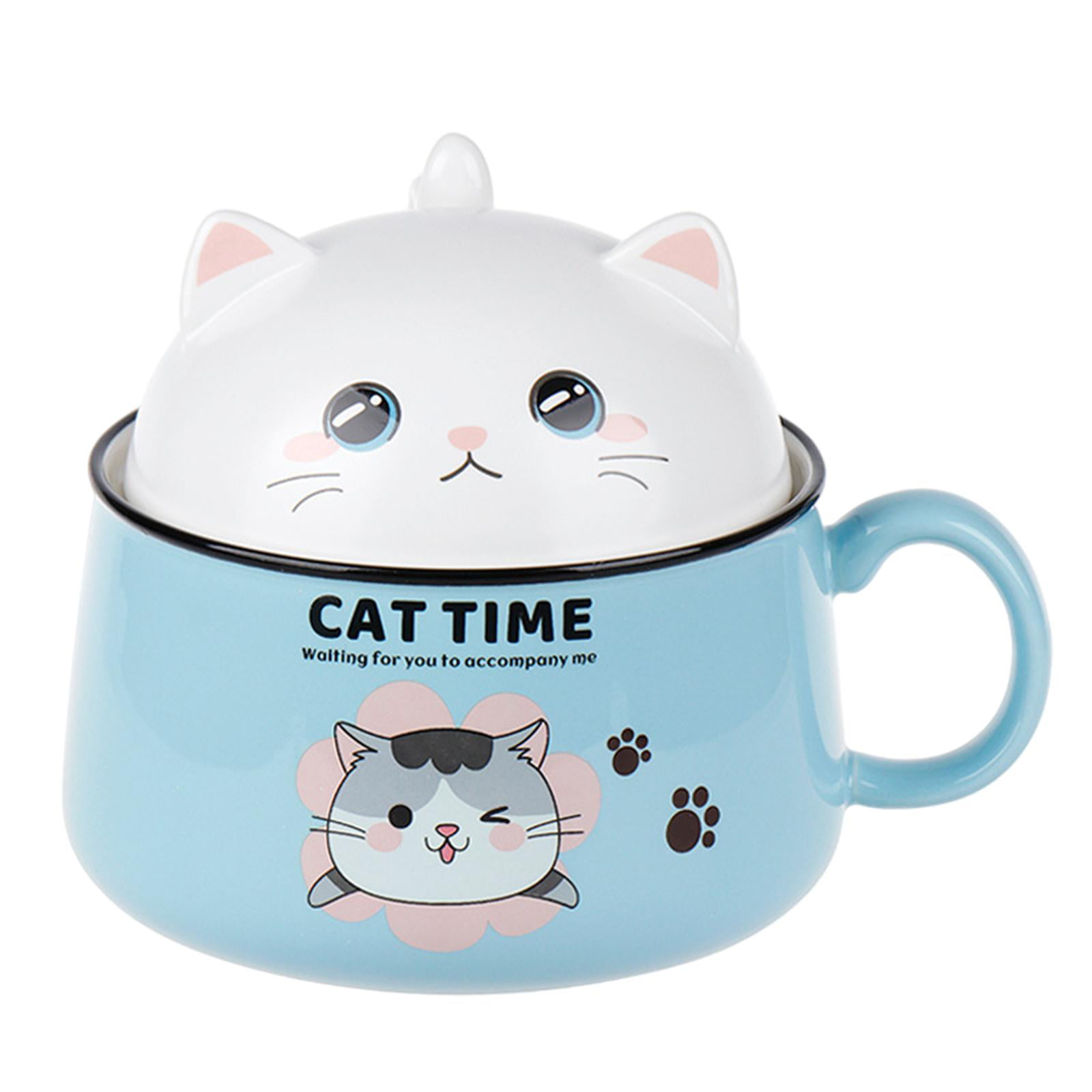 Microwave Ceramic Soup Bowl with Lid and Handles Cute Cartoon Cat Cereal Bowl for Soup Instant Noodle Brown