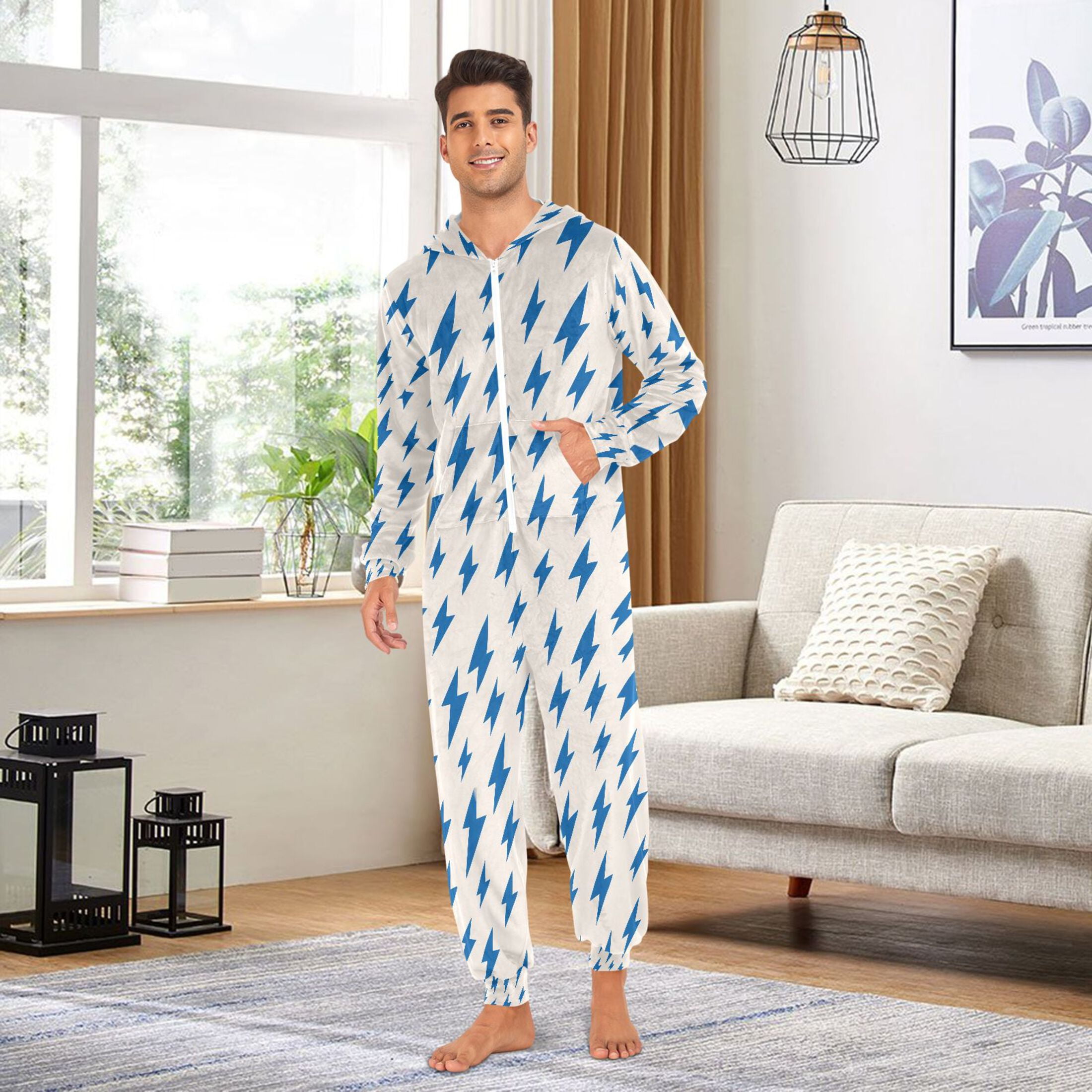 Adult Christmas Onesie Blue Lightning Adult Zipper One-Piece Pajamas Unisex Pajamas with Pockets