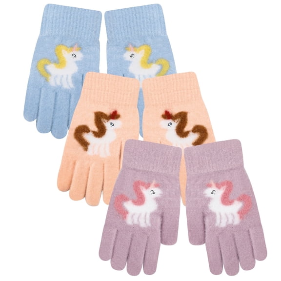 Bocaoying 3 Pcs Winter Knit Gloves for Kids, Soft Thermal Gloves, Children's Full-Finger Mittens with Novel Unicorn Pattern for Girls Ages 5-10 Years, Pink, Camellia Pink, Misty Purple, One Size