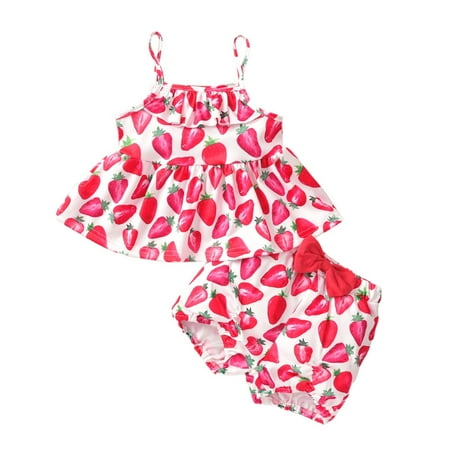 

Kids Girls Beach Fruit Printed Suspenders Top Sleeveless Shorts Pants Two Pieces Outfits Set 0-18M