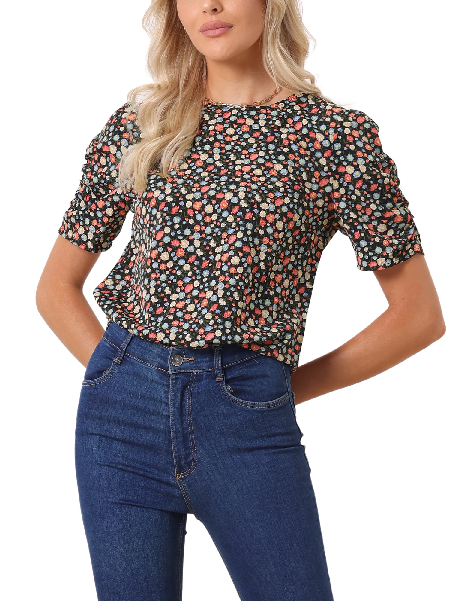 DARING DIVA Floral Crew Neck Shirred Short Sleeve Casual Top XS Black Red