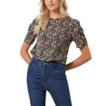thumbnail image 5 of INSPIRE CHIC Women's Shirred Tops Crew Neck Short Sleeve Keyhole Back Floral Blouse S Black Red, 5 of 8