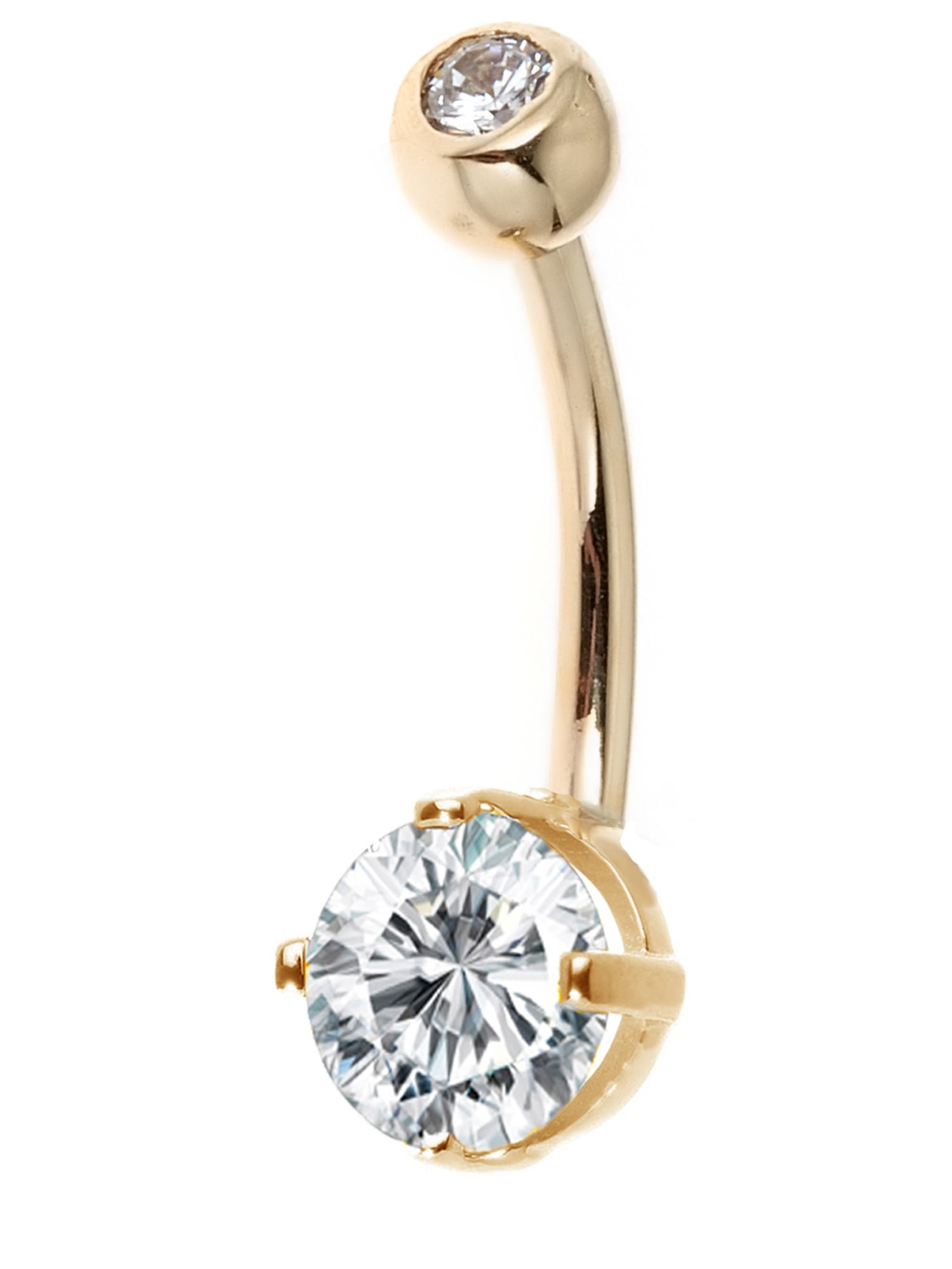 14k Solid Yellow Gold Belly Button Top Bottom Cubic Zirconia Navel Barbell Ring