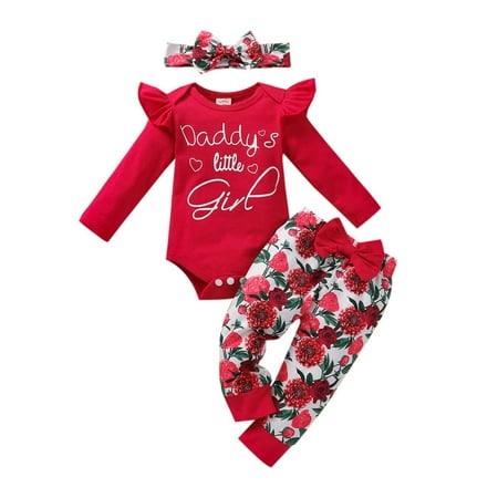 

Toddler Infant Baby Girls Letter Print Romper Tops+Pants+Hairband Outfits