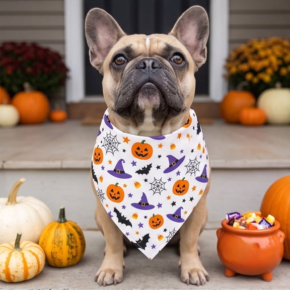LACKUST Halloween Dog Bandana & Cat Bandana, Adjustable Tie-On Pet Scarf for Dogs and Cats, Boo Ghost Pumpkin Candy Corn Print, Black, Halloween Costume Accessory