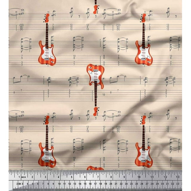 Soimoi White Modal Satin Fabric Notes & Guitar Musical Instrument Decor Fabric Printed Yard 42 Inch Wide
