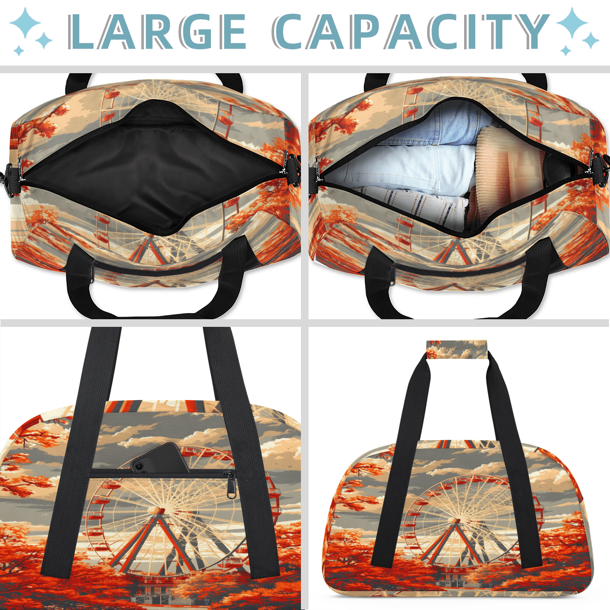Herdesigns Ferris Wheel Sports Duffle Bag for Women & Men, Romantic Theme Gym Bag Dance Bag Overnight Bag Carry On Weekender Travel Bag