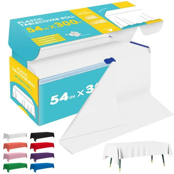 Niuara White Plastic Table Cover Roll - 54IN x 300FT, Table Cloth for Rectangle Table with Slide Cutter, Plastic Table Cloth Disposable with Cut-to-Size D