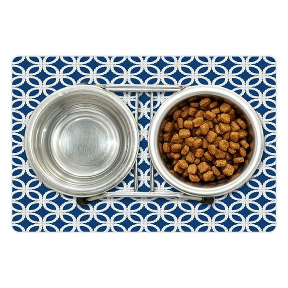 Navy Pet Mat for Food and Water, Woven Marine Life Inspired Ropes in Square Shapes Geoemtric Grid Art Print, Non-Slip Rubber Mat for Dogs and Cats, 18" X 12", by Ambesonne