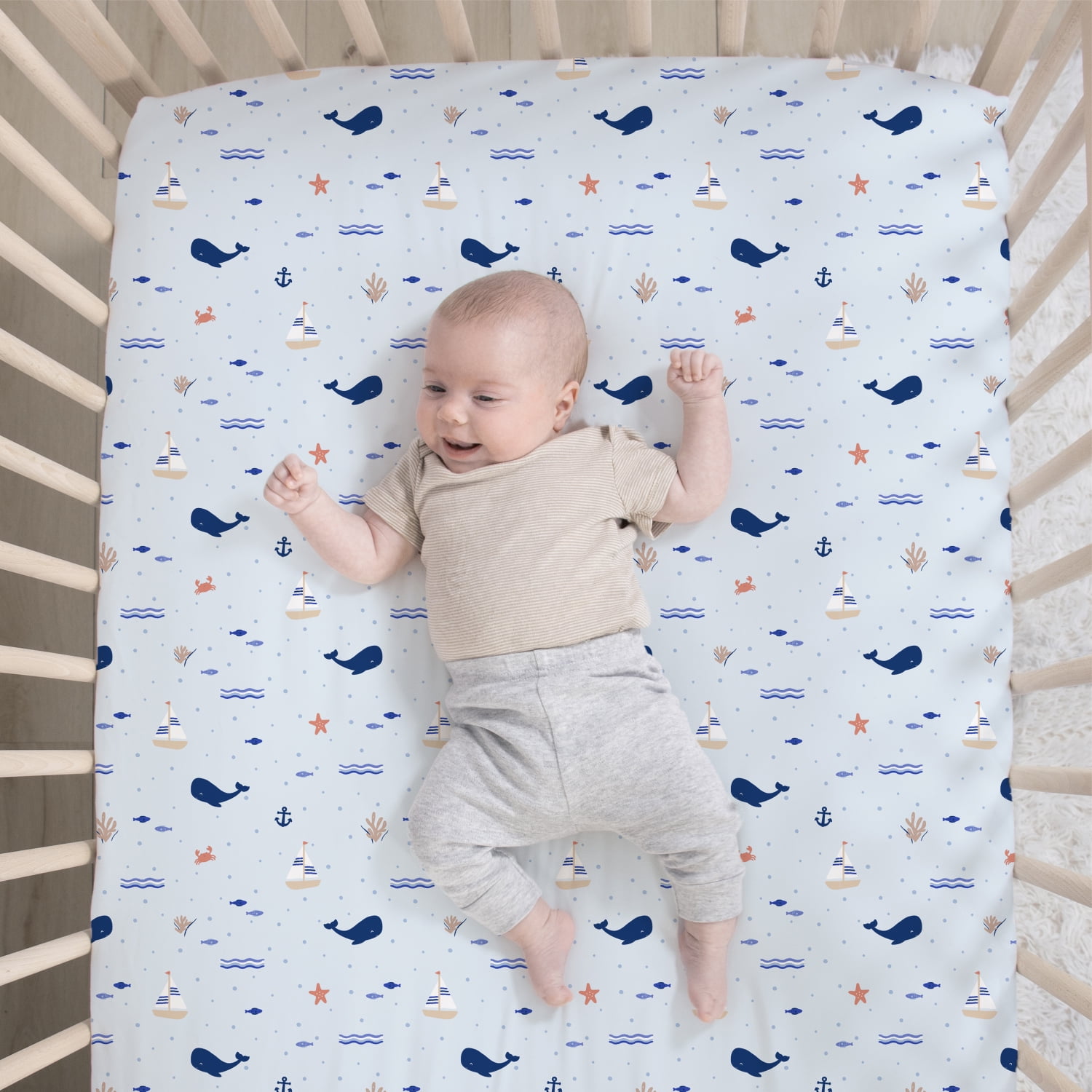 The Peanutshell Nautical Patch 3-Piece Baby Crib Bedding Set with Quilt Blanket, Crib Sheet, and Skirt