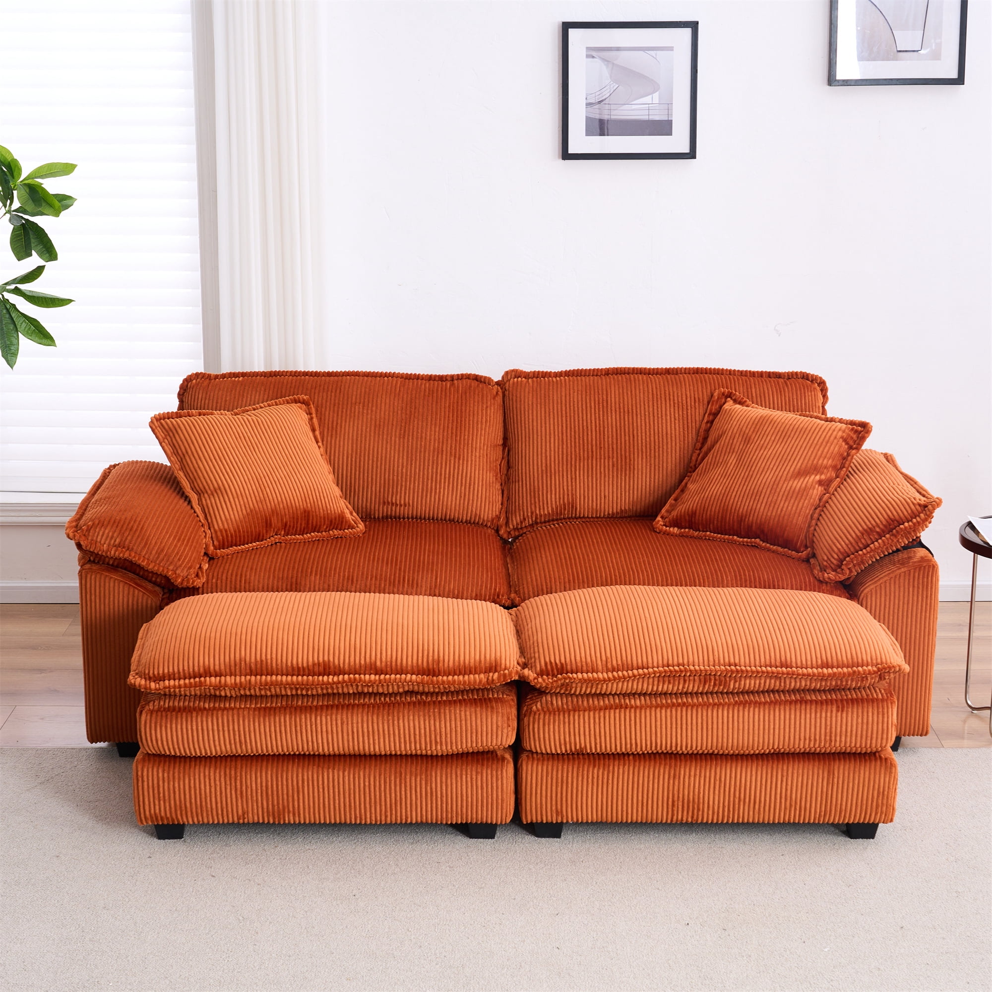 Aukfa Modular Sectional Couch Deep Seat Loveseat Sofa with 2 Ottoman for Living Room, 6 Pillows, Corduroy, Orange