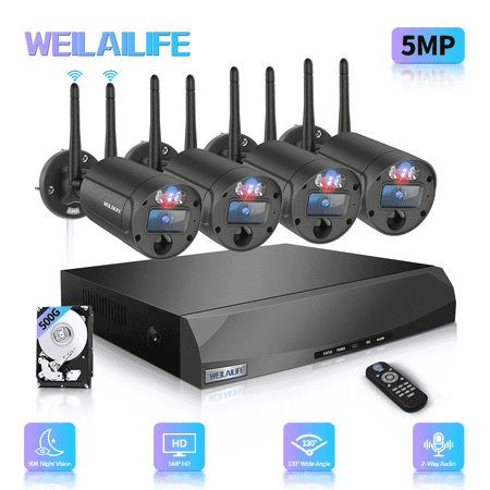 WEILAILIFE 5MP Wireless Security Camera System with Red & Blue Warning Light PIR Motion Detection Dual Antenna Outdoor Cameras 16-Channel NVR