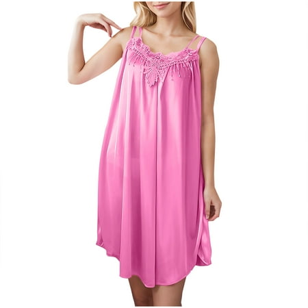 DxhmoneyHX Silky Nightgowns for Women Embroidery Lace Neckline Loose Spaghetti Straps Chemise Sleepwear Soft Lingerie Dress