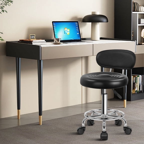 KKTONER Modern Faux Leather Rolling Stool with Low Backrest Office Swivel Chairs with Footrest Height Adjustable for Drafting Home Task Black