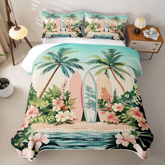 meiyoeat Hawaii Sea Beach Quilt Full For Kids,Pink Kawaii Floral Blossom Full Bedspread Sets For Girls,3-Piece