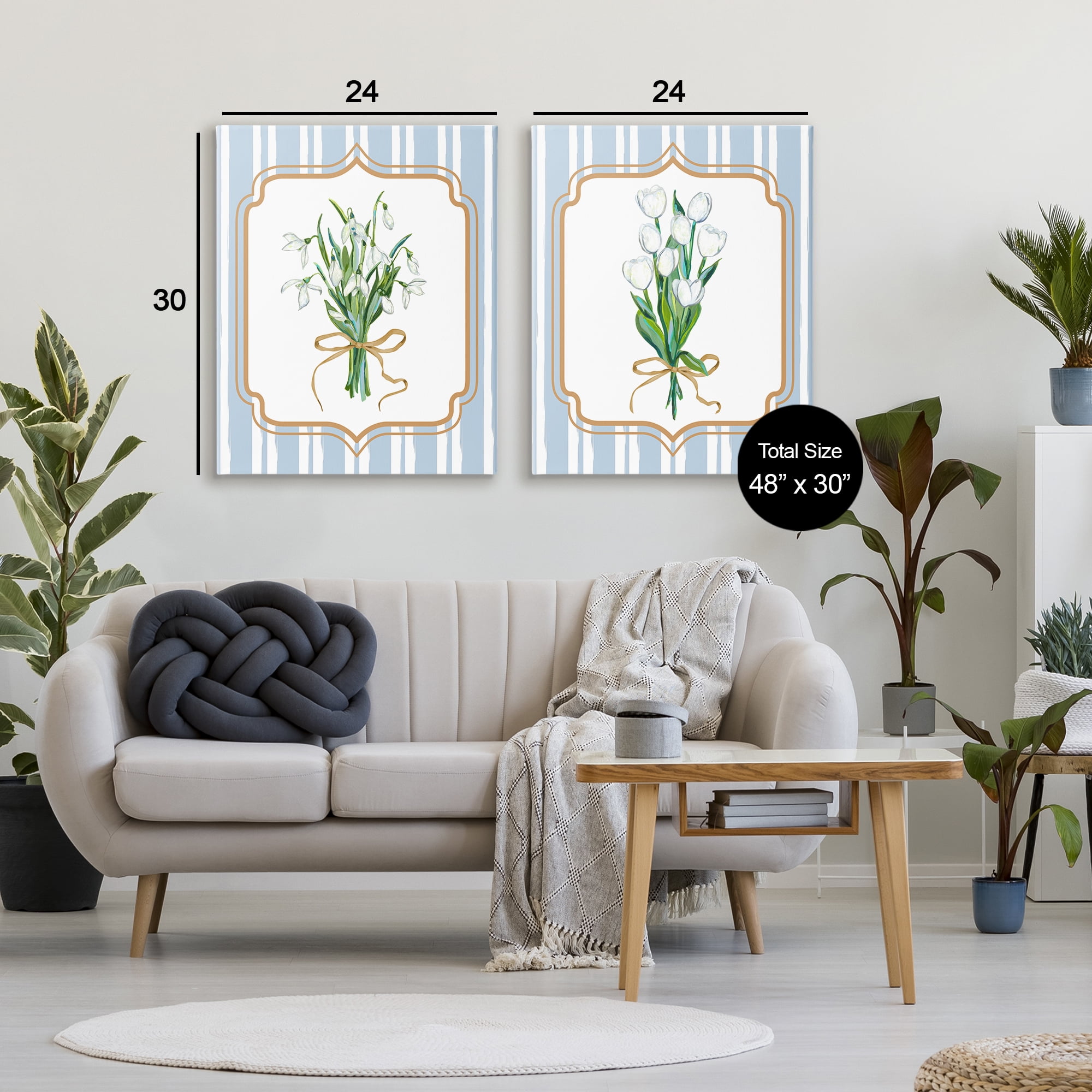 White Flowers Classic Stripes 2 Piece Canvas Wall Art Set, design by Adonna Ebrahimi