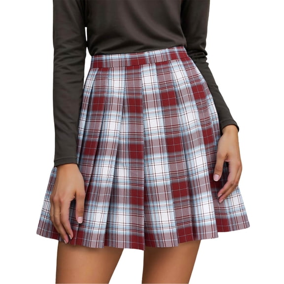 Plaid Skirt Women High Waist Pleated Mini Skirt A Line Tartan Skirt Relaxed Fit Spring Fall Casual Watermelon Red XS