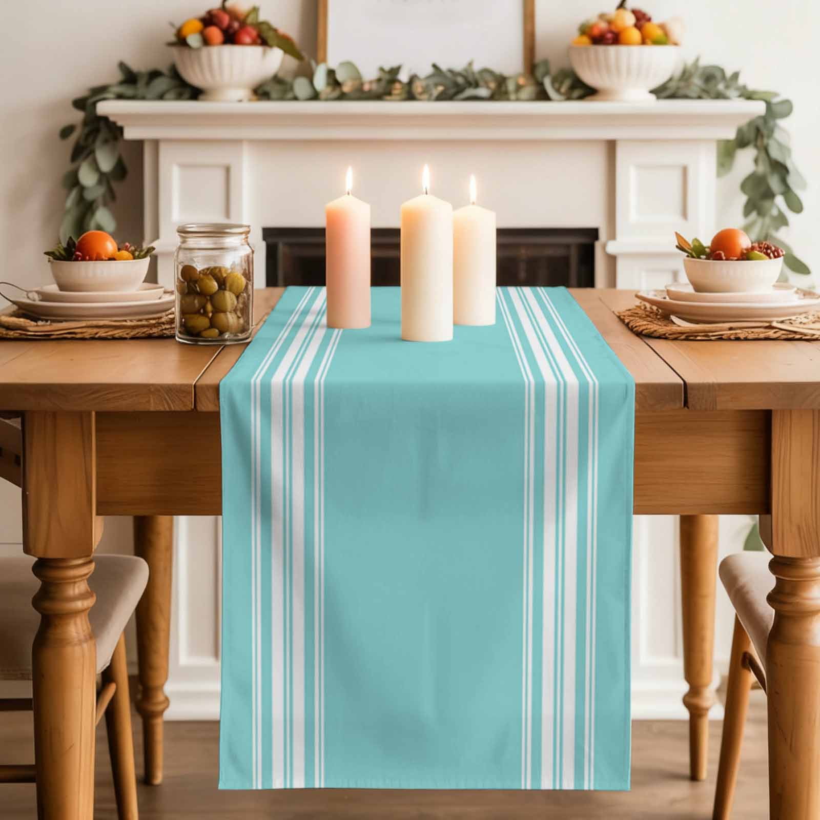 Aqua Striped Table Runner, Luxurious White Stripes Modern Abstract Art Cotton Linen Table Runners 120 Inches Long, Dresser Scarf Runner for Dining/Living Room/Kitchen/Square Tables 13''x120''