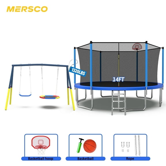 Mersco 8x14 Heavy Duty Trampoline with Enclosure Net , Slide ,Swing Set Outdoor Trampoline for Backyard,Kids Trampoline with Basketball Hoop,Birthday and Holiday Gifts for Kids,Blue