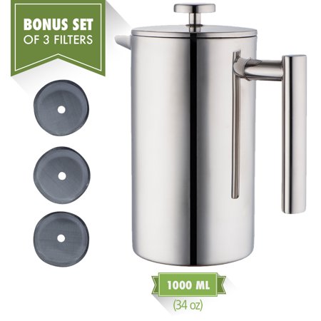 Stainless Steel Coffee Press MIRA Double Wall Tea & Coffee Brewer French Press | Stainless Steel Insulated Coffee Pot & Maker | Keeps Brewed Coffee or Tea Warm for Hours | 34 Oz (1 Liter) | Set of 3 Filters ()