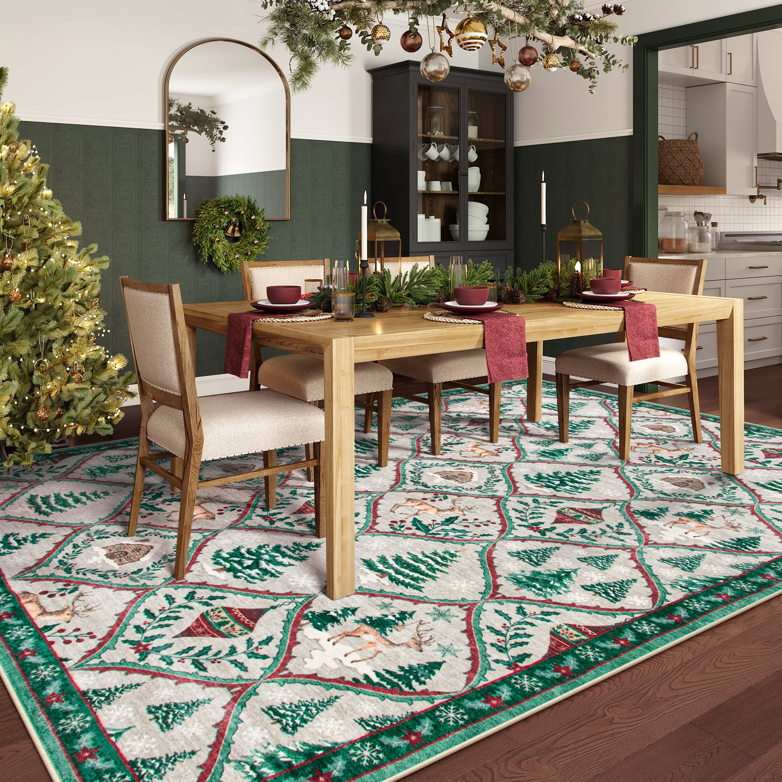 Moynesa 8'x10' Christmas Area Rug for Living Room,Cream Large Rug Xmas Tree Modern Rug Kitchen Rug Washable Rug Non Slip Moroccan Carpet Holiday Decor Soft Accent Rug for Bedroom Dining Room