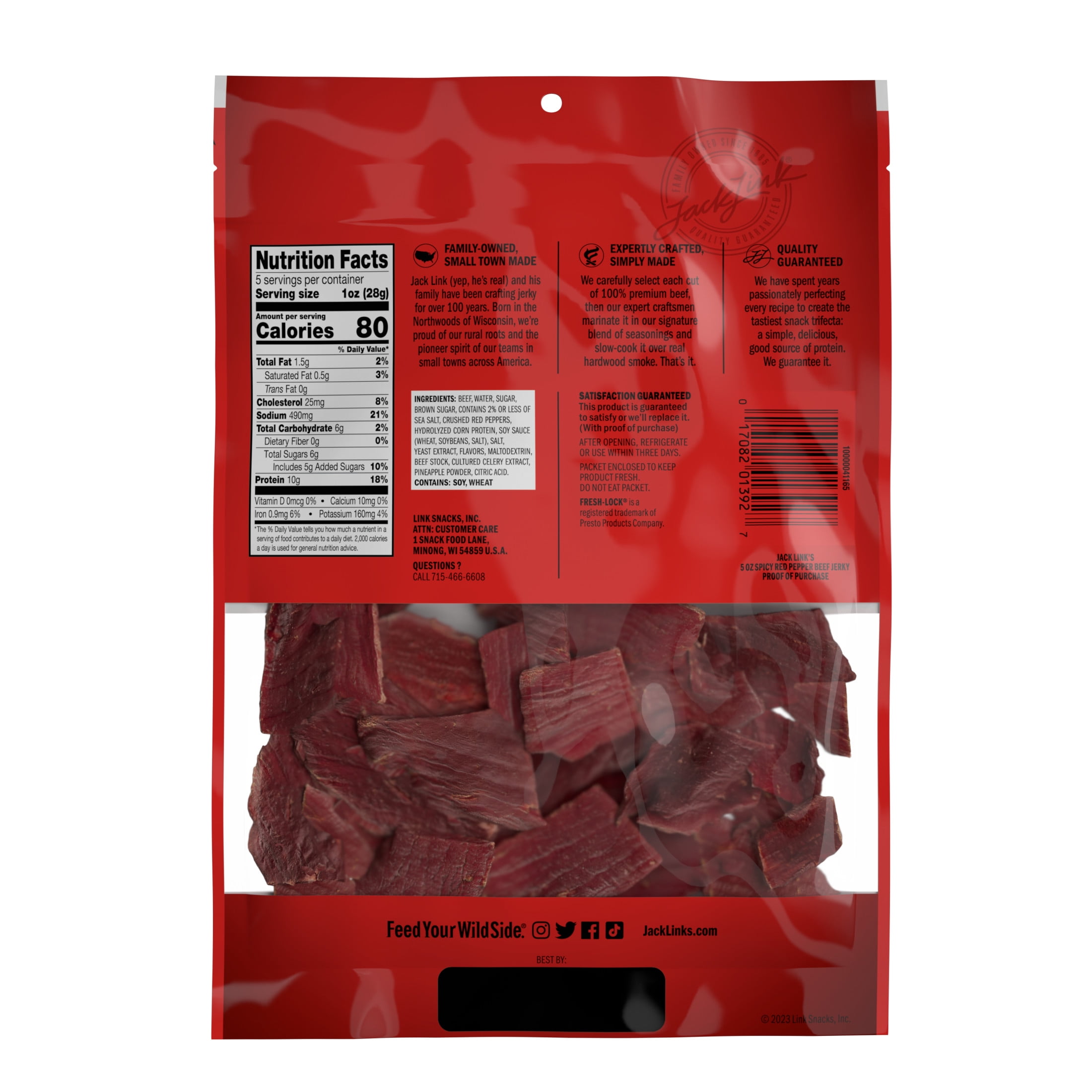 (8 pack) Jack Link’s Beef Jerky, Spicy Red Pepper, Made with 100% Beef, 10g of Protein per Serving, 5 Ounce, Resealable Bag