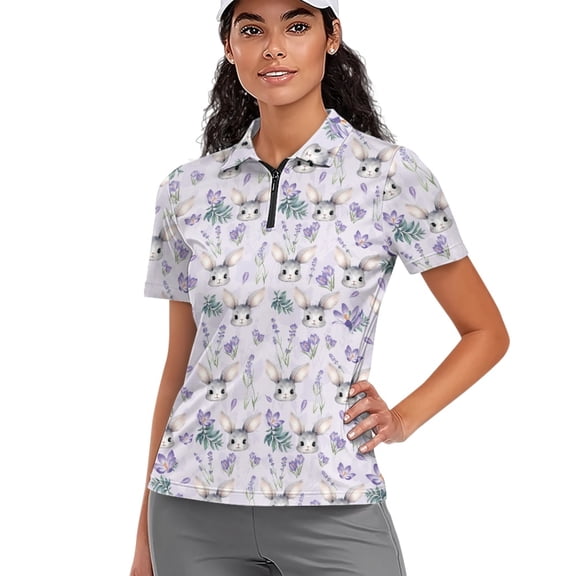 Whosucclay Rabbit Flowers Workout Shirts for Golf Tennis, Breathable Polyester Polo Shirts Half-Zip Moisture Wicking Golf Tops Size Small