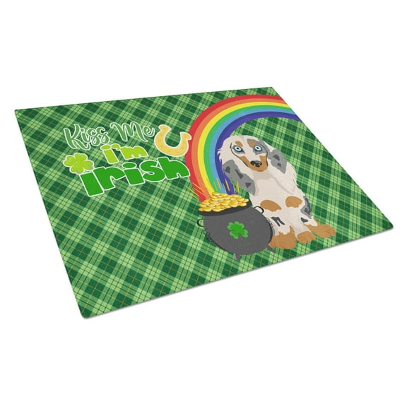Longhair Cream Dapple Dachshund St. Patrick's Day Glass Cutting Board Large 12 in x 15 in