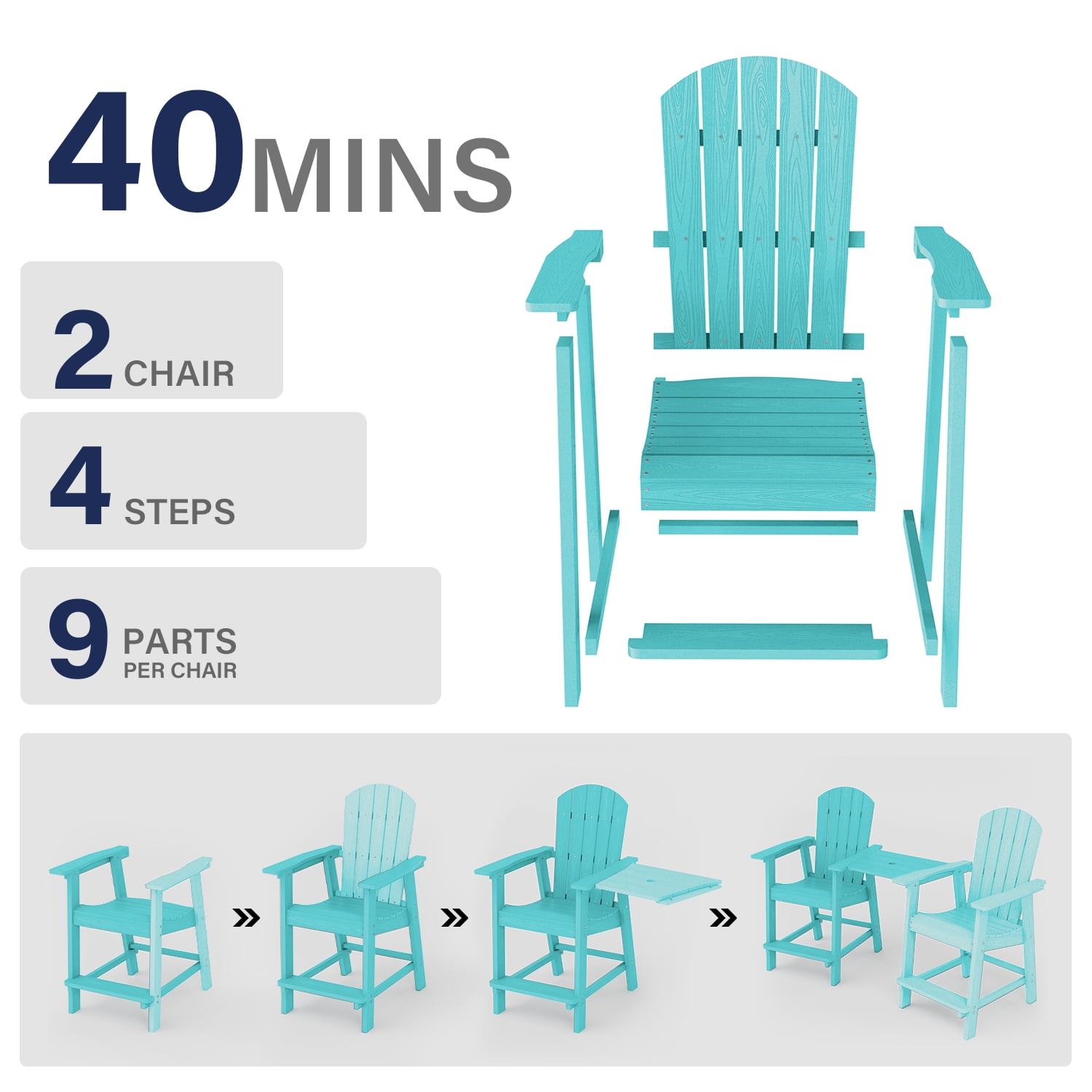 WINSOON Tall Adirondack Chair Set of 2 with Connecting Tray,Outdoor Bar Stools-Baby Blue