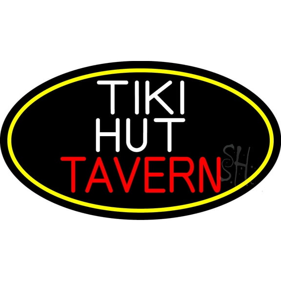 Tiki Hut Tavern Oval With Yellow Border LED Neon Sign 13 x 24 - inches, Clear Edge Cut Acrylic Backing, with Dimmer - Bright and Premium built indoor LED Neon Sign for Bar decor.