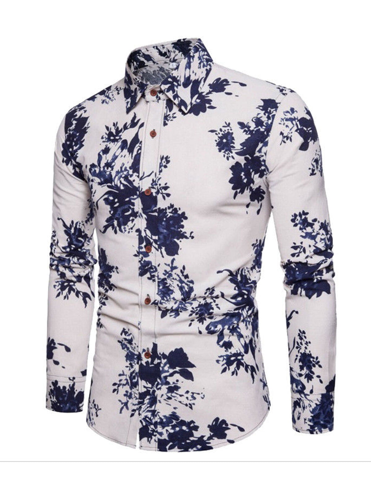 Men's Cotton Blend Double Collar Floral Design Casual Dress Shirts
