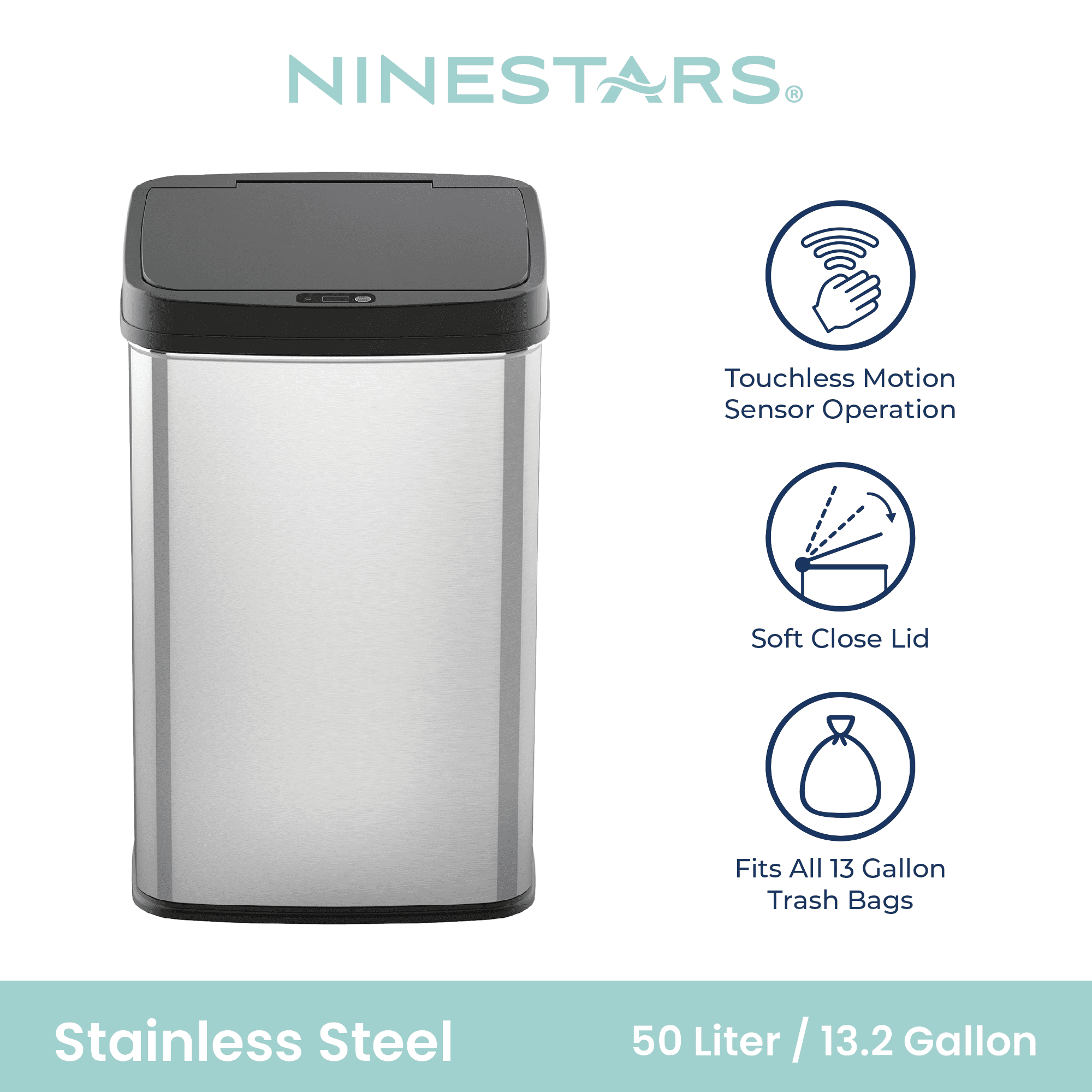 Nine Stars Automatic Kitchen Trash Can, 13.2 Gallon Stainless Steel Motion Sensor Garbage Bin with Soft Close Lid, Black