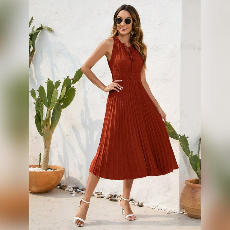 Ibtom Castle Women Summer Casual Pleated Midi Dress Tie Neck Swiss Dot Formal Shirred Waist Wedding Guest Swing Dress XL Brick Red, Women's