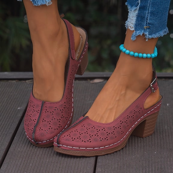 Xdegoge Heels for Women Summer Slingback Pumps Chunky Block Heel Hollow Out Floral Laser Cut Design Buckle Strap Closed Toe Casual Dressy Office Retro Style Footwear