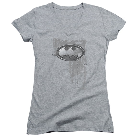 Batman Rivited Metal Logo Junior Women's T-Shirt V-Neck Athletic Heather