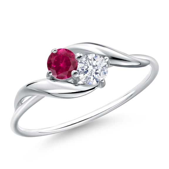 Gem Stone King 10K White Gold Round Red Created Ruby and White Zirconia Ring for Women (0.57 Cttw, Round 3.5MM, Gemstone July Birthstone, Size 9)