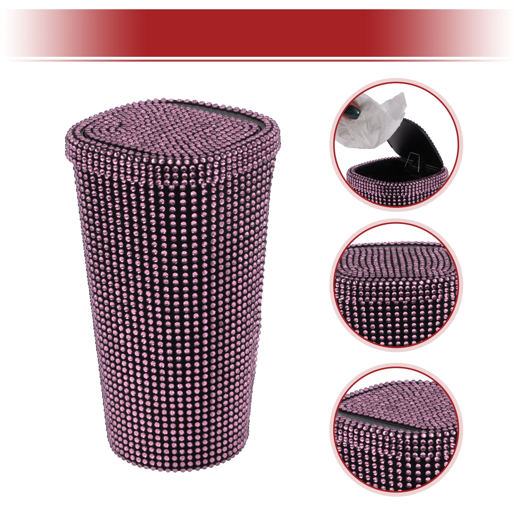 Unique Bargains Car Trash Can Bin Rhinestones Portable 3.5x3.5x6.3in Pink