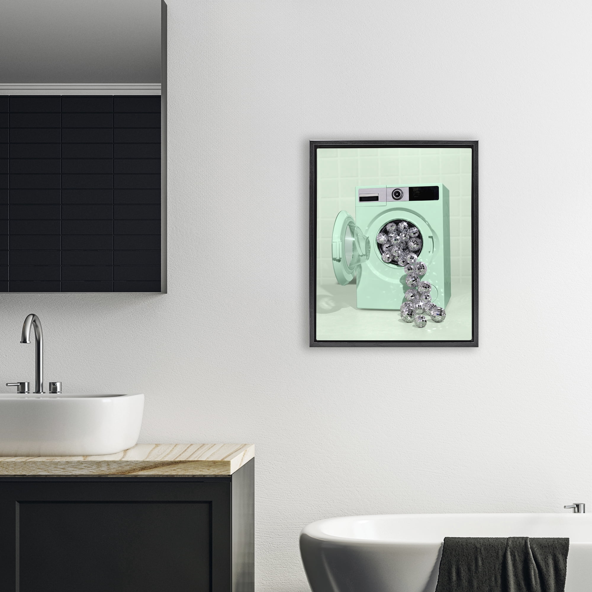 Stupell Industries Disco Laundry Machine over Green Black Framed Floater Canvas Wall Art, design by LISH Creative