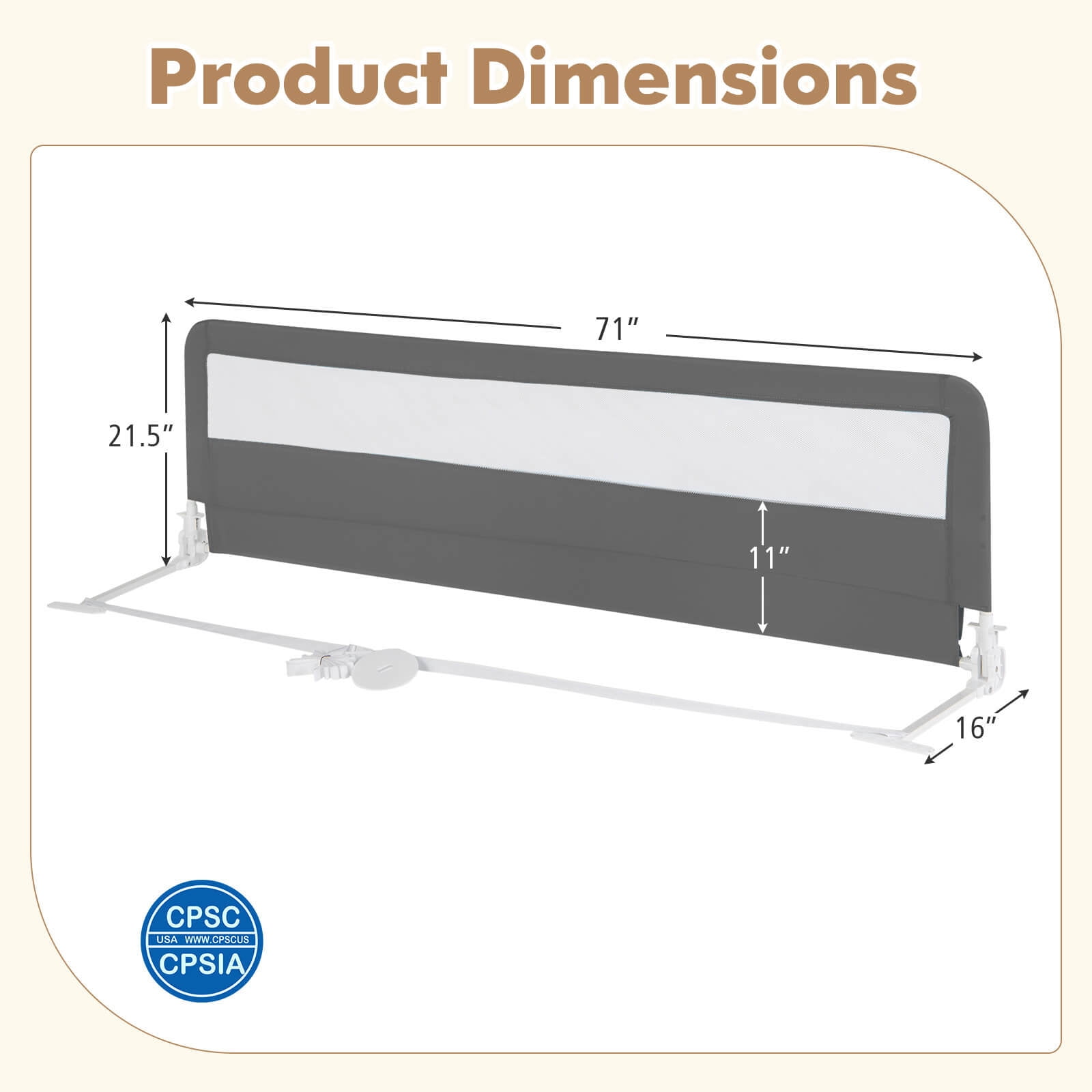 Infans 71" Foldable Baby Bed Rail Guard Toddlers Swing Down Safety Bedrail Grey