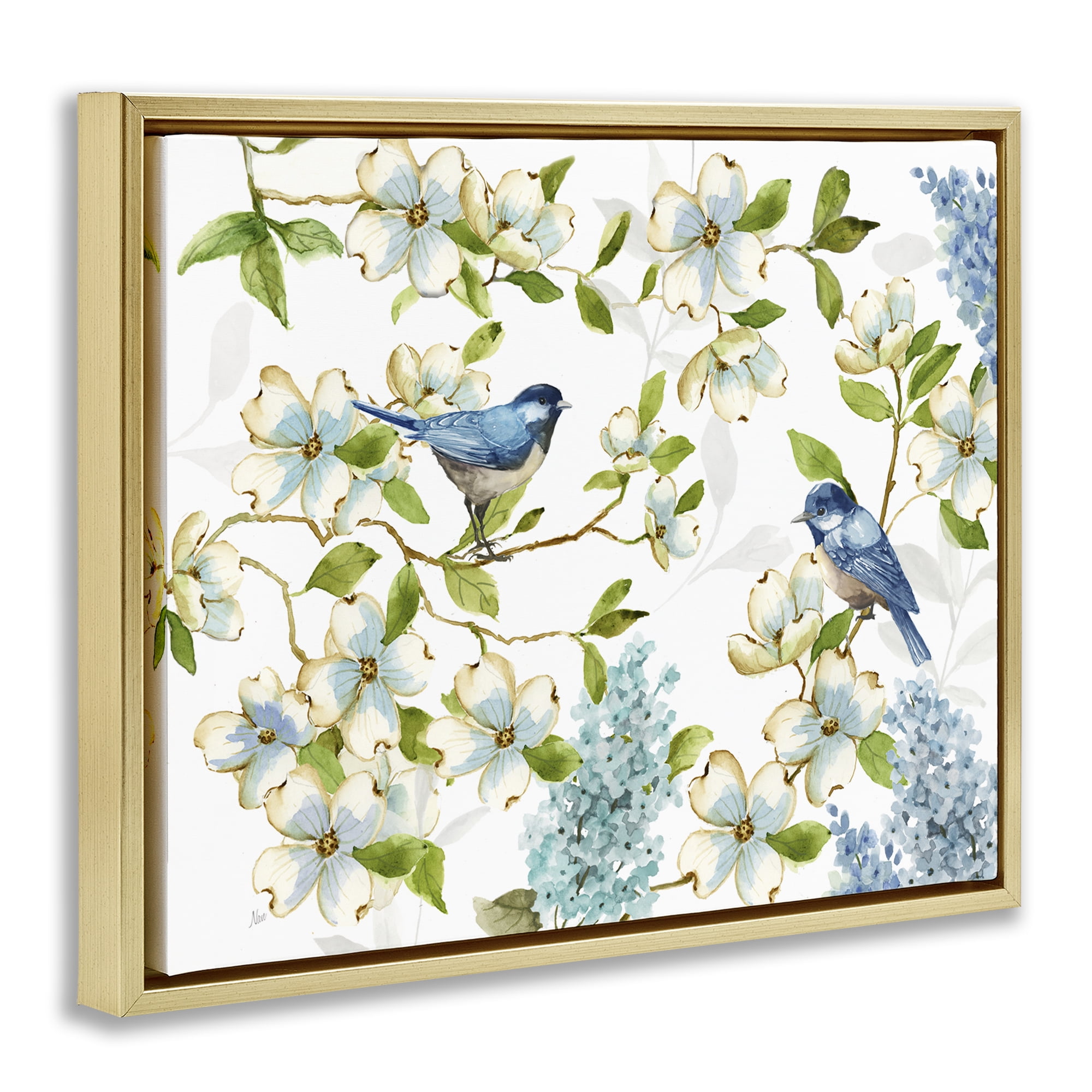 Stupell Industries Dogwood & Bluebirds Plants & Flowers Painting Gold Floater Framed Canvas Art Print Wall Art, 21 x 17