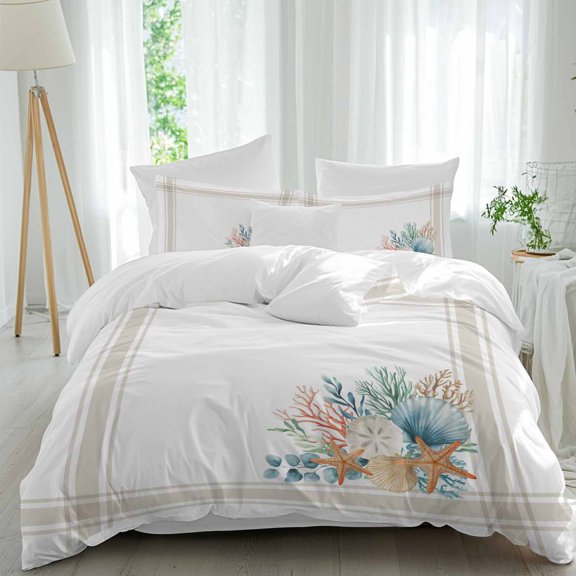 Watercolor Marine Life Starfish Coral Queen Size Bed Set,Ocean Shell Beige Stripe Bedding for All Seasons,4 Pcs Bed Set,1 Quiltcover(90"x92"),1 Sheet(94"x116"),2 Pillowcases(30"x20")