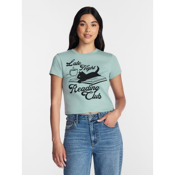 Late Night Reading Club Women's Graphic Cropped Baby Tee with Short Sleeves, Sizes XXS-XXL