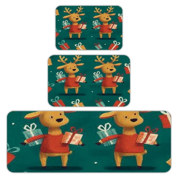 RKSupls Kitchen Rug Set 3 Piece Anti-Slip Flannel Floor Mats, Reindeer Gifts Washable Absorbent Runner Mats for Kitchen Bathroom Home Decor