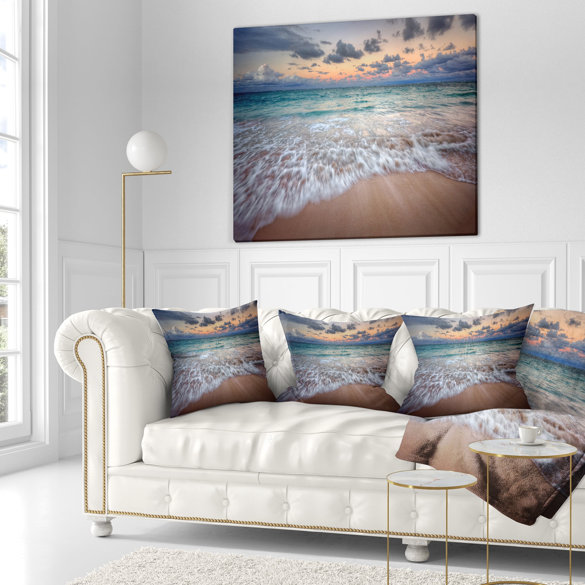 Designart Waves Crashing Serene Seashore - Seascape Throw Pillow - 16x16